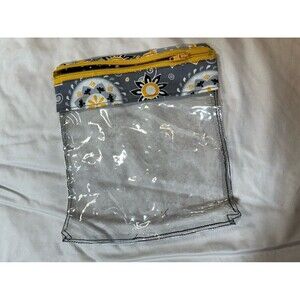 handmade clear vinyl zipper pouch with gray and yellow floral fabric